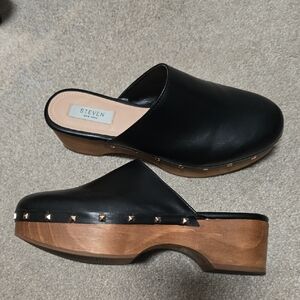 Steven New York Black Leather Studded Clog Mules